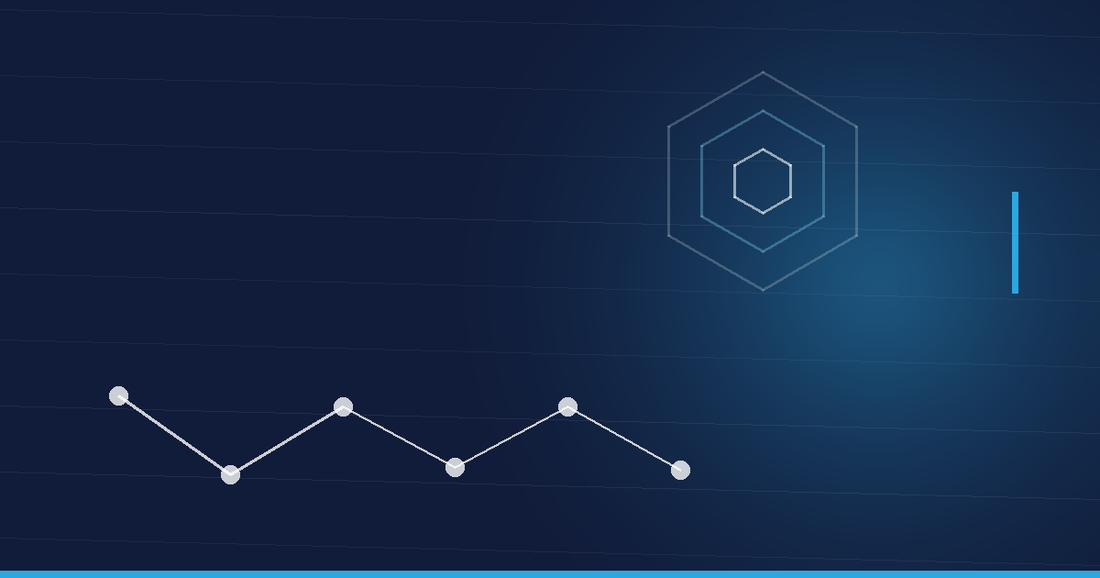 Abstraktes Beitragsbild in Navy und Cyan: Peptidkette und Hexagonstruktur – GLP-1-Forschungspeptide kaufen