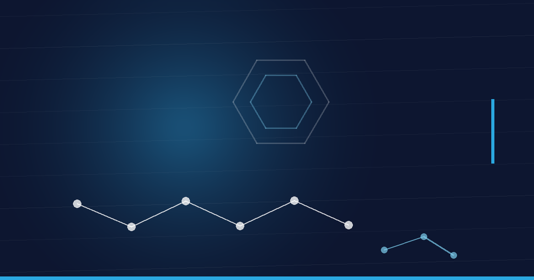 Abstraktes Beitragsbild in Navy und Cyan: Peptidkette und Hexagonstruktur – Massenspektrometrie für Peptide