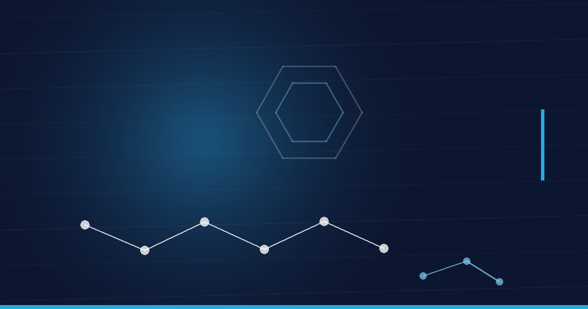 Abstraktes Beitragsbild in Navy und Cyan: Peptidkette und Hexagonstruktur – Massenspektrometrie für Peptide