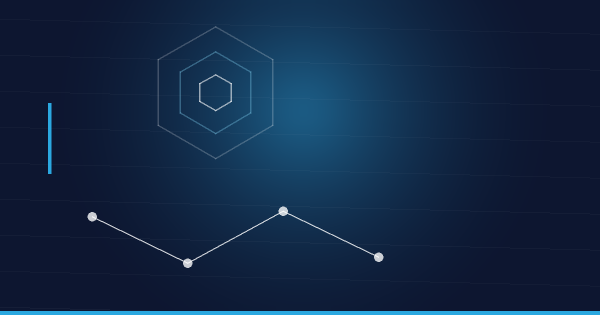 Abstraktes Beitragsbild in Navy und Cyan: Peptidkette und Hexagonstruktur – Muskelpeptide