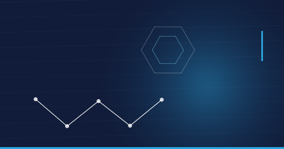 Abstraktes Beitragsbild in Navy und Cyan: Peptidkette und Hexagonstruktur – Semax Peptid kaufen