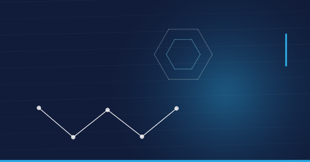 Abstraktes Beitragsbild in Navy und Cyan: Peptidkette und Hexagonstruktur – Semax Peptid kaufen