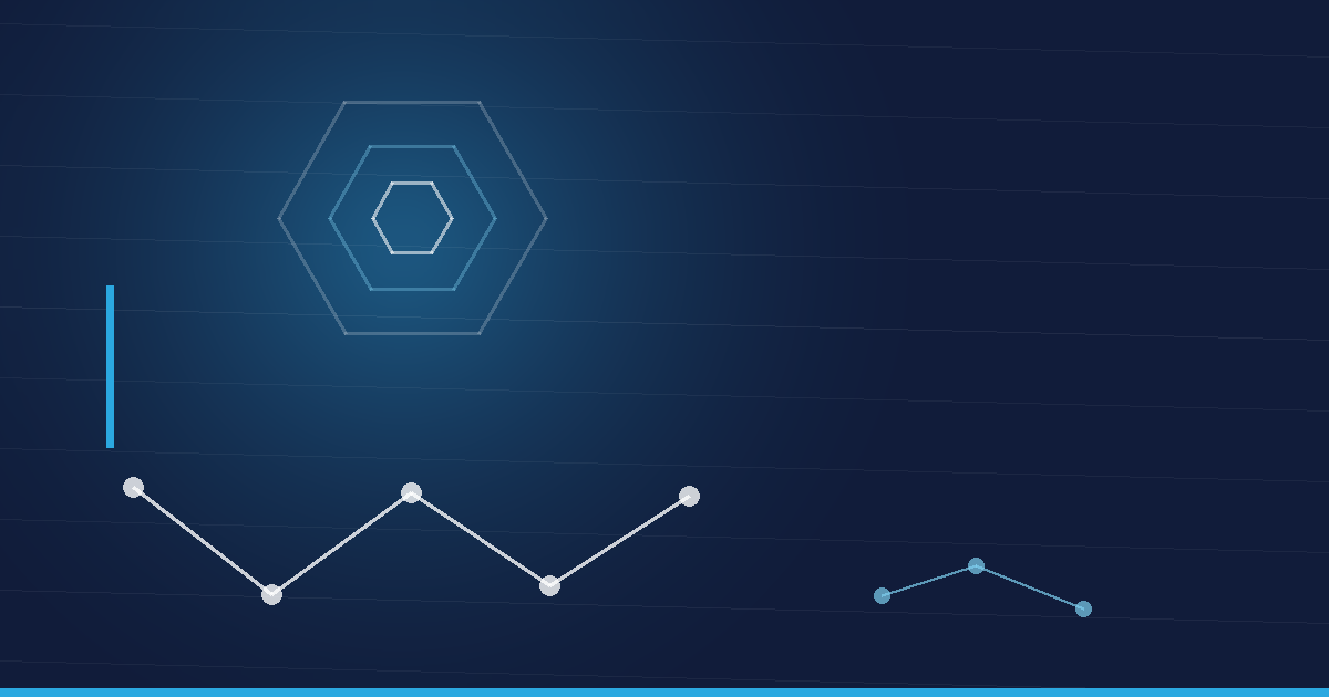 Abstraktes Beitragsbild in Navy und Cyan: Peptidkette und Hexagonstruktur – TB-500 Dosierung