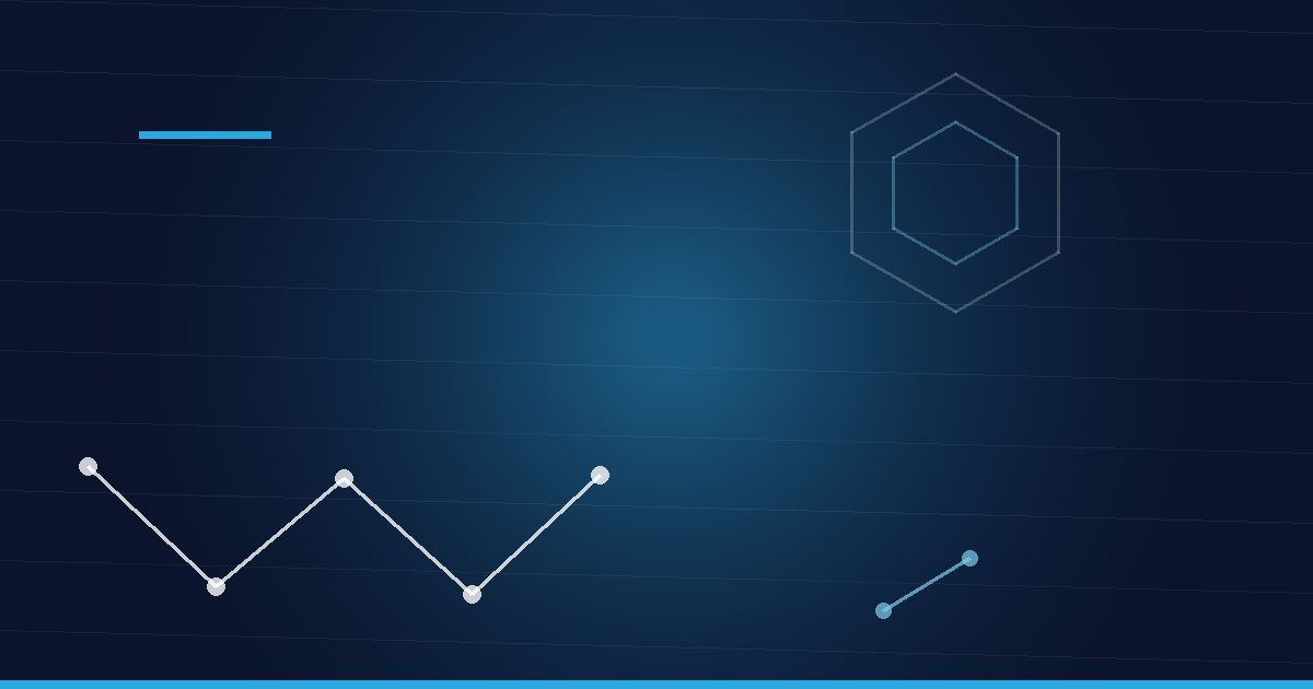 Abstraktes Beitragsbild in Navy und Cyan: Peptidkette und Hexagonstruktur – Vilon Peptid (Lys-Glu)